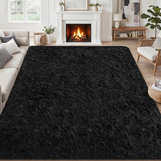 5x7 Area Rug Living Room: Bedroom Fluffy Shag Fuzzy Carpet Black