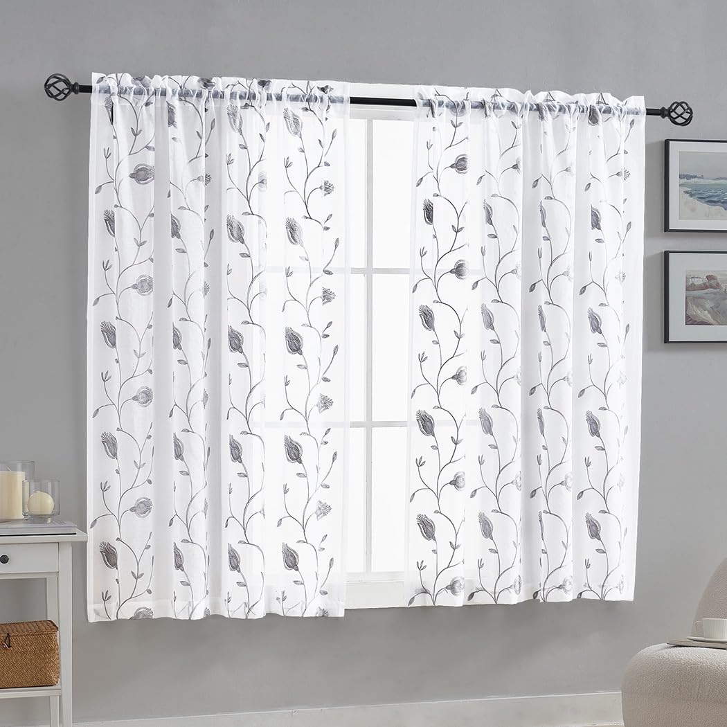 MYSTIC-HOME Sheer Curtains White 63 Inch Length, Rod Pocket Voile Drapes for Living Room, Bedroom, Window Treatments Semi Crinkle Curtain Panels for Yard, Patio, Villa, Parlor, Set of 2, 52"x 63"