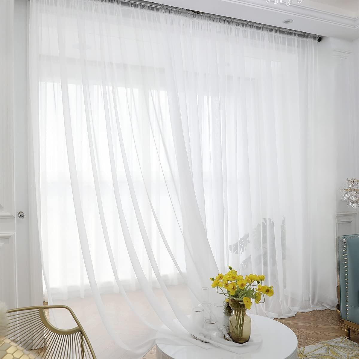 ABCHOME White Sheer Curtains 84 Inches Long 2 Panels,Rod Pocket Voile Semi Sheer Window Curtains for Kitchen, Bedroom and Living Room(White, 52 W x 84 L)