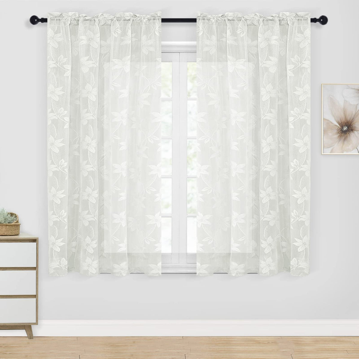 DWCN White Sheer Curtains - Short Curtains Floral Lace Design Rod Pocket Window Voile Sheer Drapes for Bedroom Kitchen Small Window 42 x 54 inch Length, 2 Panels White