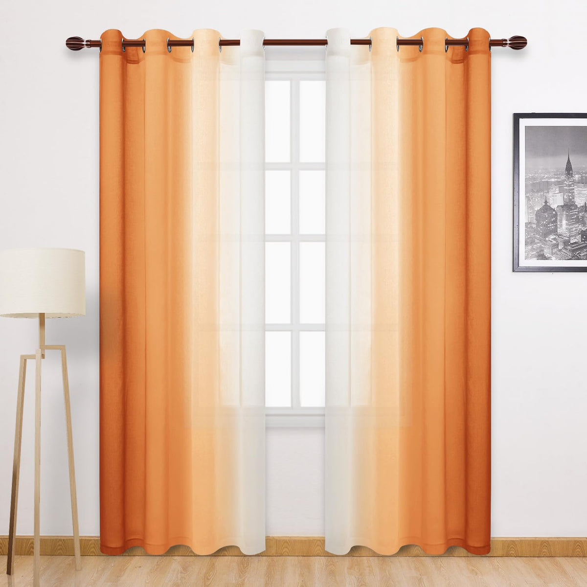 DWCN Blue Linen Ombre Sheer Curtains - Semi Voile Gradient Grommet Top Curtains for Bedroom and Living Room, Set of 2 Window Curtain Panels, 52 x 84 Inches Long, Denim Blue