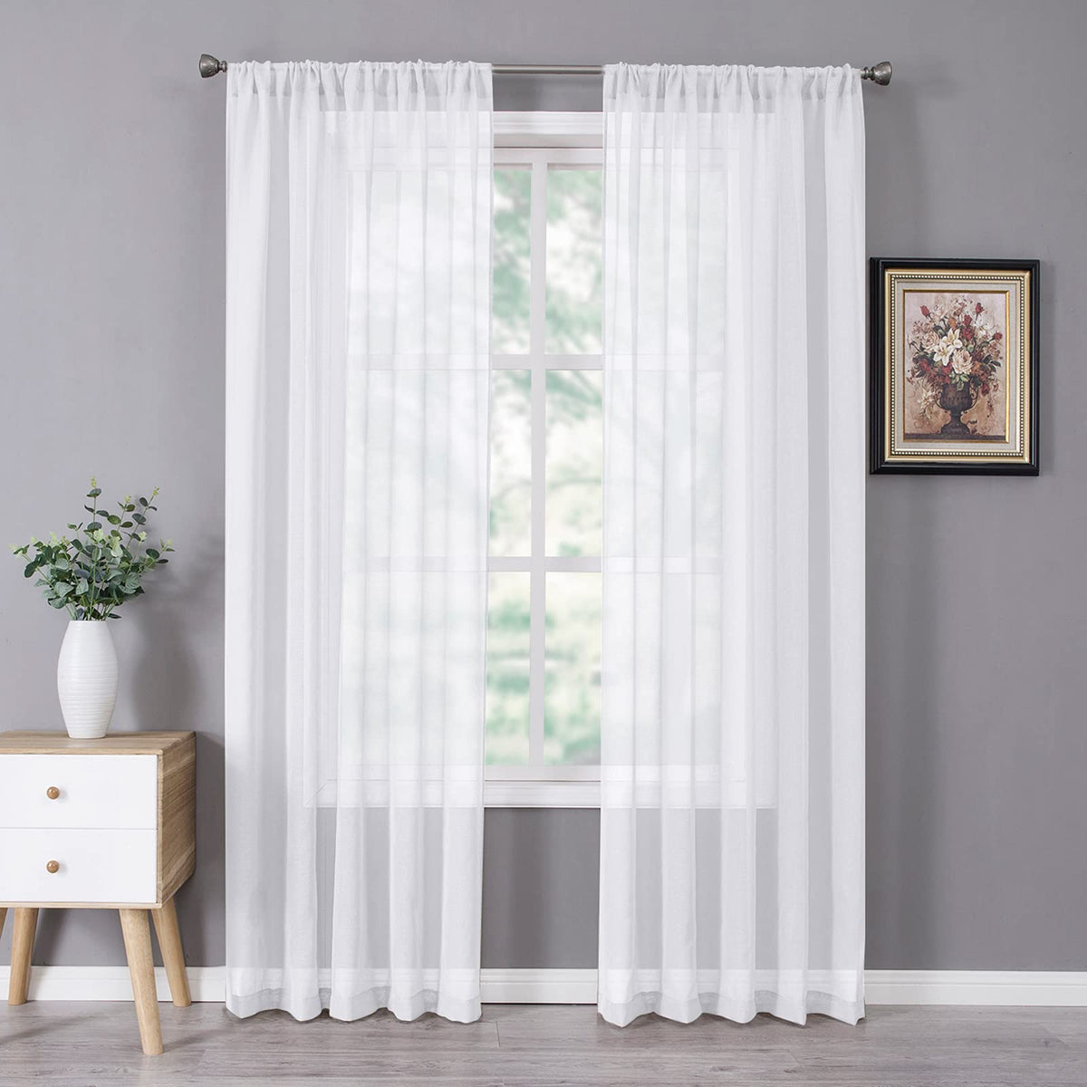 Tollpiz Sheer Curtains Linen Textured Bedroom Curtain Sheers Light Filtering Rod Pocket Voile Curtains for Living Room, 54 x 63 inches Long, White, Set of 2 Panels