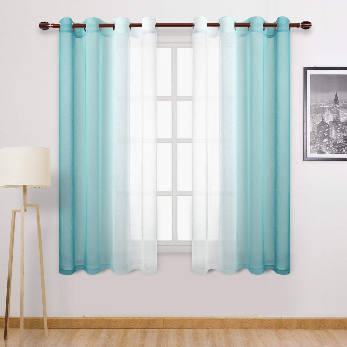 DWCN Blue Linen Ombre Sheer Curtains - Semi Voile Gradient Grommet Top Curtains for Bedroom and Living Room, Set of 2 Window Curtain Panels, 52 x 84 Inches Long, Denim Blue