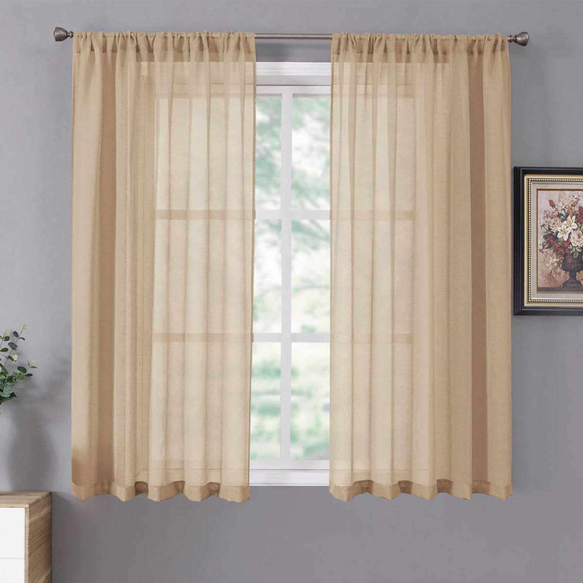 Tollpiz Sheer Curtains Linen Textured Bedroom Curtain Sheers Light Filtering Rod Pocket Voile Curtains for Living Room, 54 x 63 inches Long, White, Set of 2 Panels