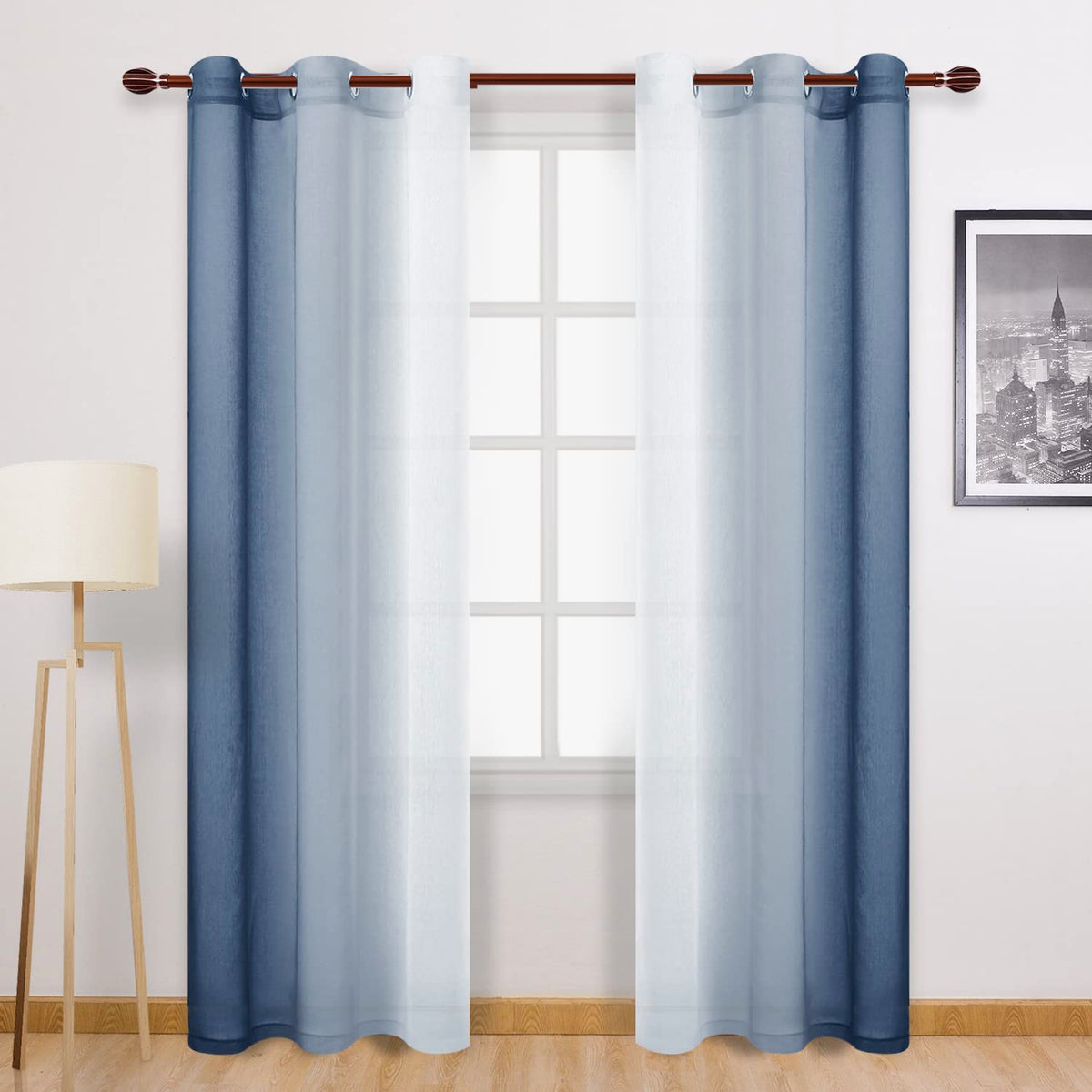 DWCN Blue Linen Ombre Sheer Curtains - Semi Voile Gradient Grommet Top Curtains for Bedroom and Living Room, Set of 2 Window Curtain Panels, 52 x 84 Inches Long, Denim Blue