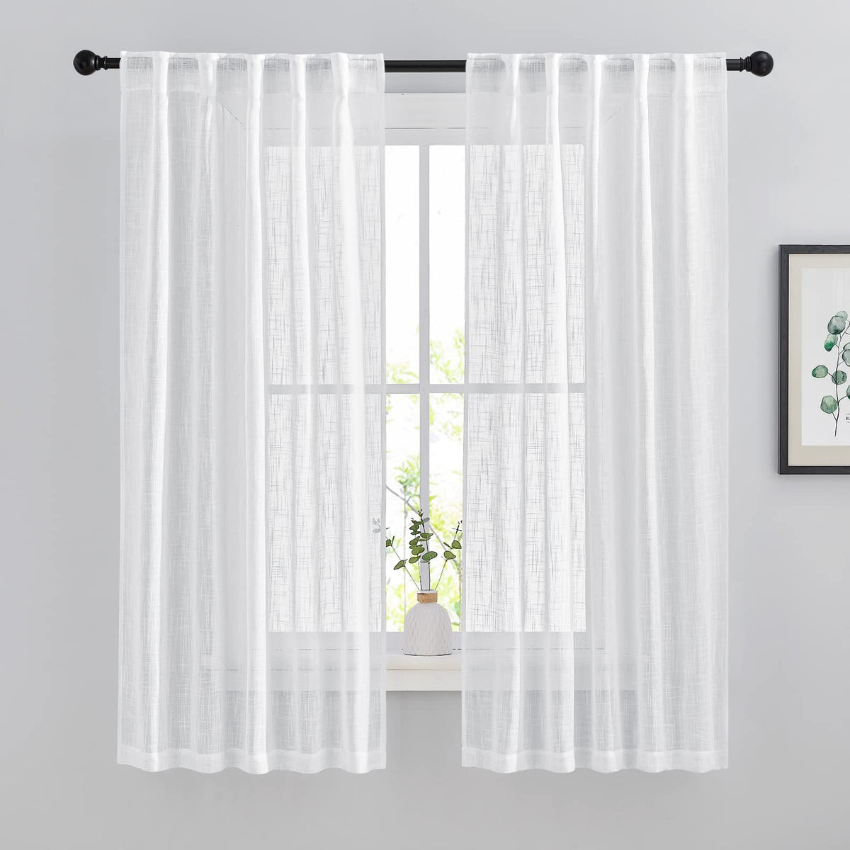 NICETOWN White Linen Sheer Curtains and Drapes 84 inches Long, Rod Pocket & Back Tab semitransparent with Light Through Vertical Window Treatments for Sliding Glass Door & Living Room, 52"W, Set of 2