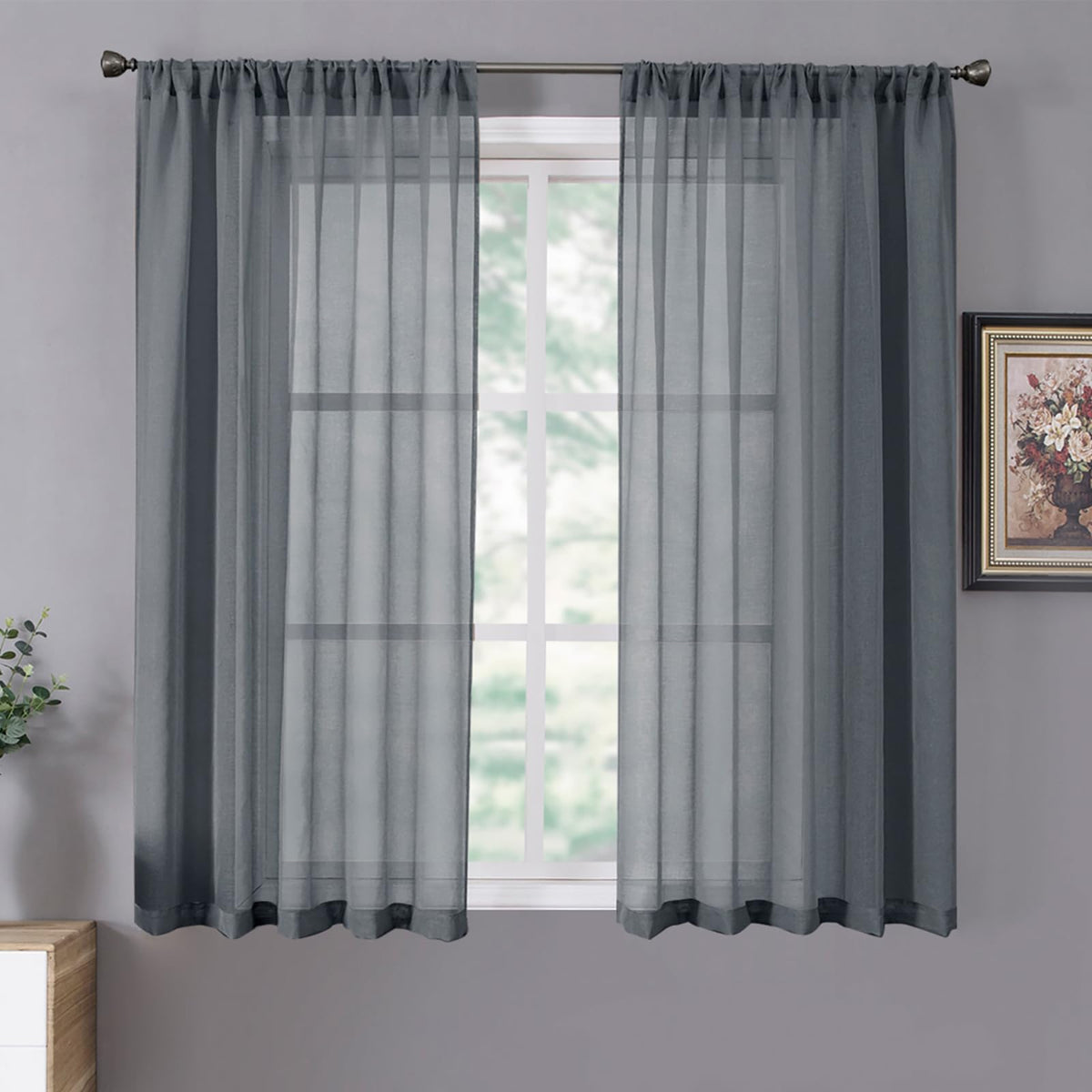 Tollpiz Sheer Curtains Linen Textured Bedroom Curtain Sheers Light Filtering Rod Pocket Voile Curtains for Living Room, 54 x 63 inches Long, White, Set of 2 Panels