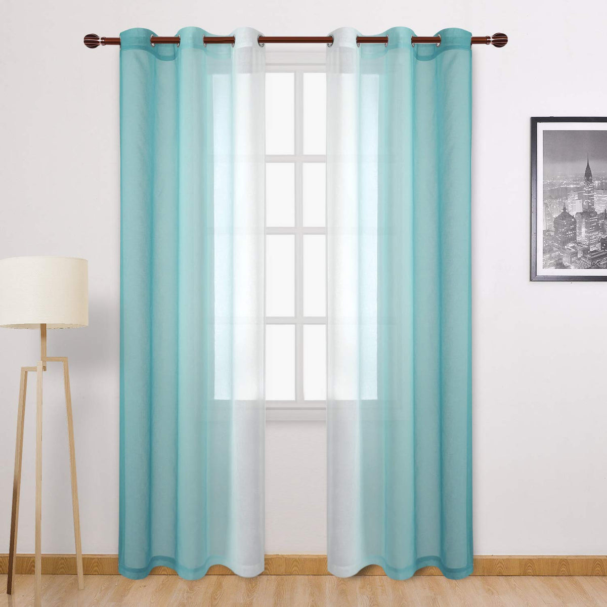 DWCN Blue Linen Ombre Sheer Curtains - Semi Voile Gradient Grommet Top Curtains for Bedroom and Living Room, Set of 2 Window Curtain Panels, 52 x 84 Inches Long, Denim Blue