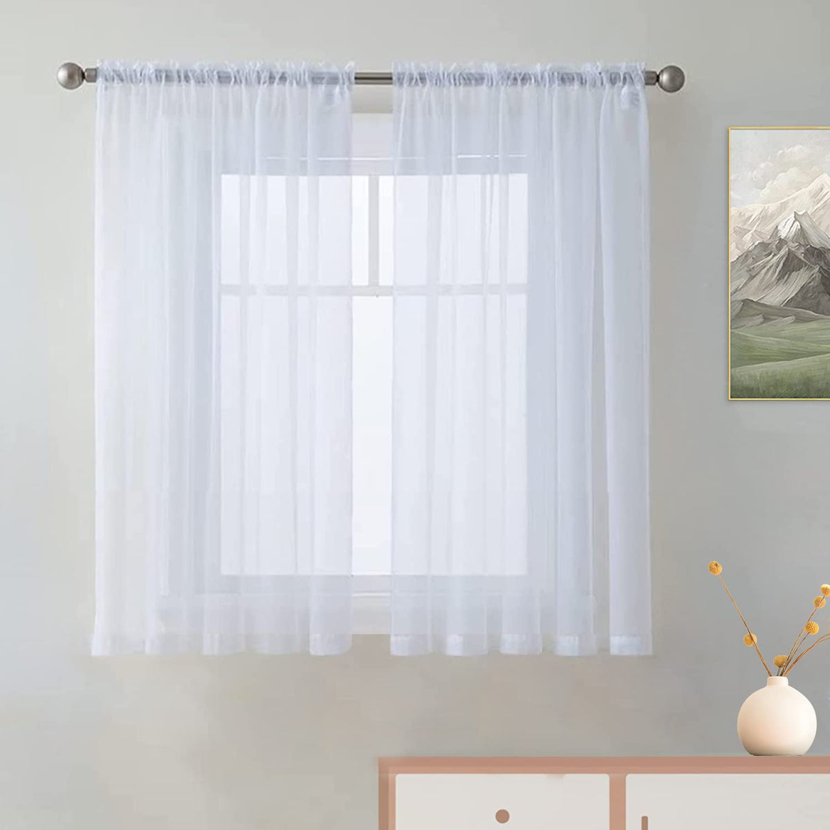 SpaceDresser Basic Rod Pocket Sheer Voile Window Curtain Panels White 1 Pair 2 Panels 52 Width 84 Inch Long for Kitchen Bedroom Children Living Room Yard(White,52 W x 84 L)