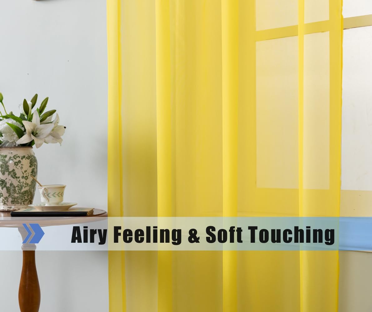 WPM Yellow Color Sheer Curtains 58" Wide x 84" Long 2 Panels Livingroom Window Treatment Rod Pocket Sheer Voile for Bedroom, Kitchen, Children Room Fully Stitched and Hemmed