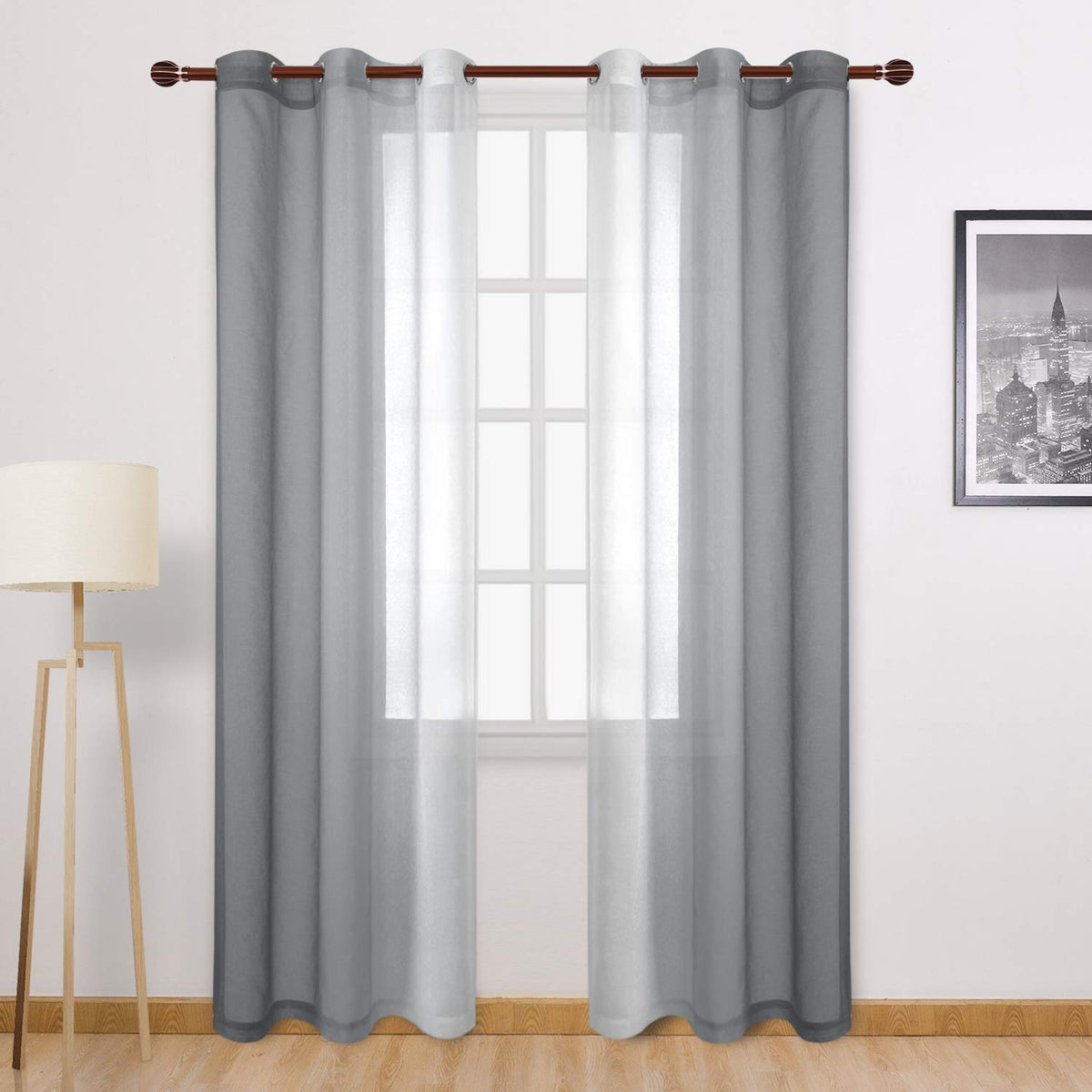 DWCN Blue Linen Ombre Sheer Curtains - Semi Voile Gradient Grommet Top Curtains for Bedroom and Living Room, Set of 2 Window Curtain Panels, 52 x 84 Inches Long, Denim Blue