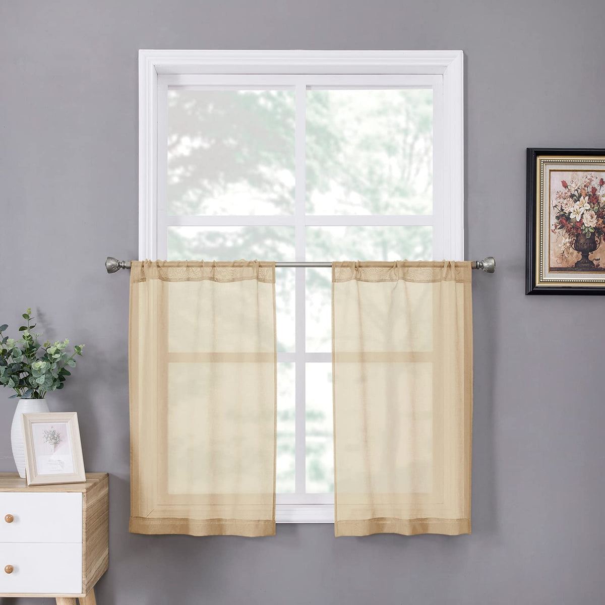 Tollpiz Sheer Curtains Linen Textured Bedroom Curtain Sheers Light Filtering Rod Pocket Voile Curtains for Living Room, 54 x 63 inches Long, White, Set of 2 Panels