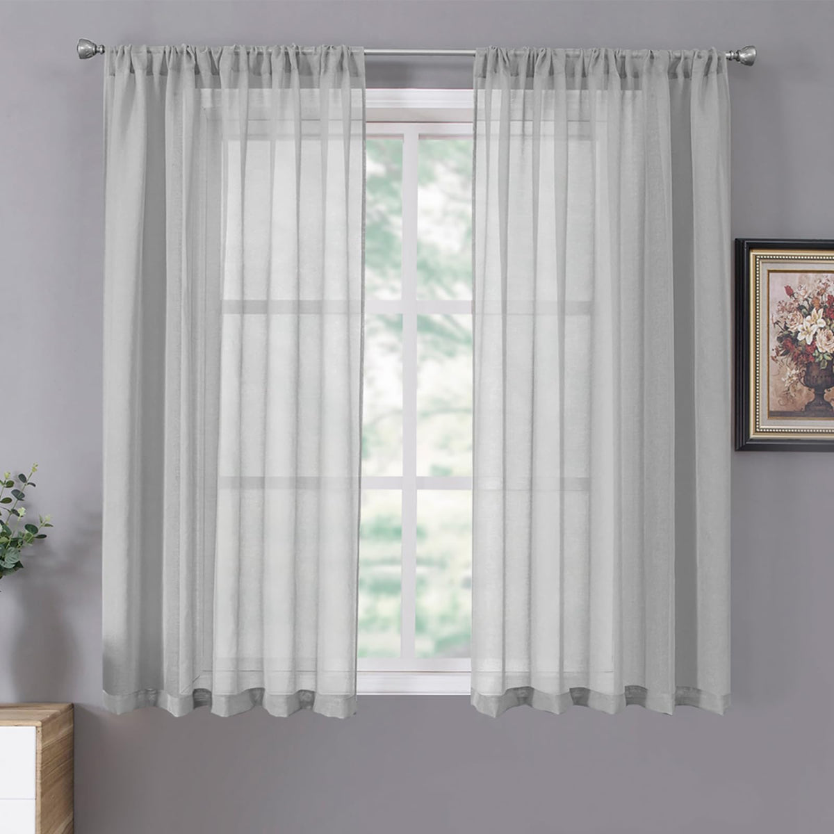 Tollpiz Sheer Curtains Linen Textured Bedroom Curtain Sheers Light Filtering Rod Pocket Voile Curtains for Living Room, 54 x 63 inches Long, White, Set of 2 Panels