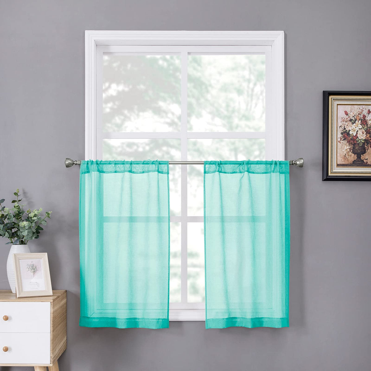Tollpiz Sheer Curtains Linen Textured Bedroom Curtain Sheers Light Filtering Rod Pocket Voile Curtains for Living Room, 54 x 63 inches Long, White, Set of 2 Panels