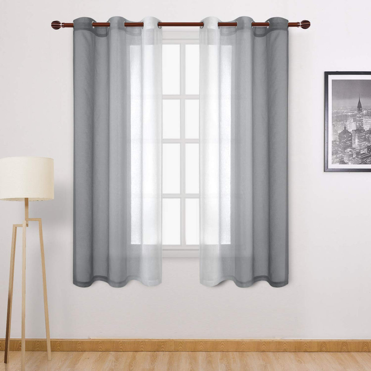 DWCN Blue Linen Ombre Sheer Curtains - Semi Voile Gradient Grommet Top Curtains for Bedroom and Living Room, Set of 2 Window Curtain Panels, 52 x 84 Inches Long, Denim Blue
