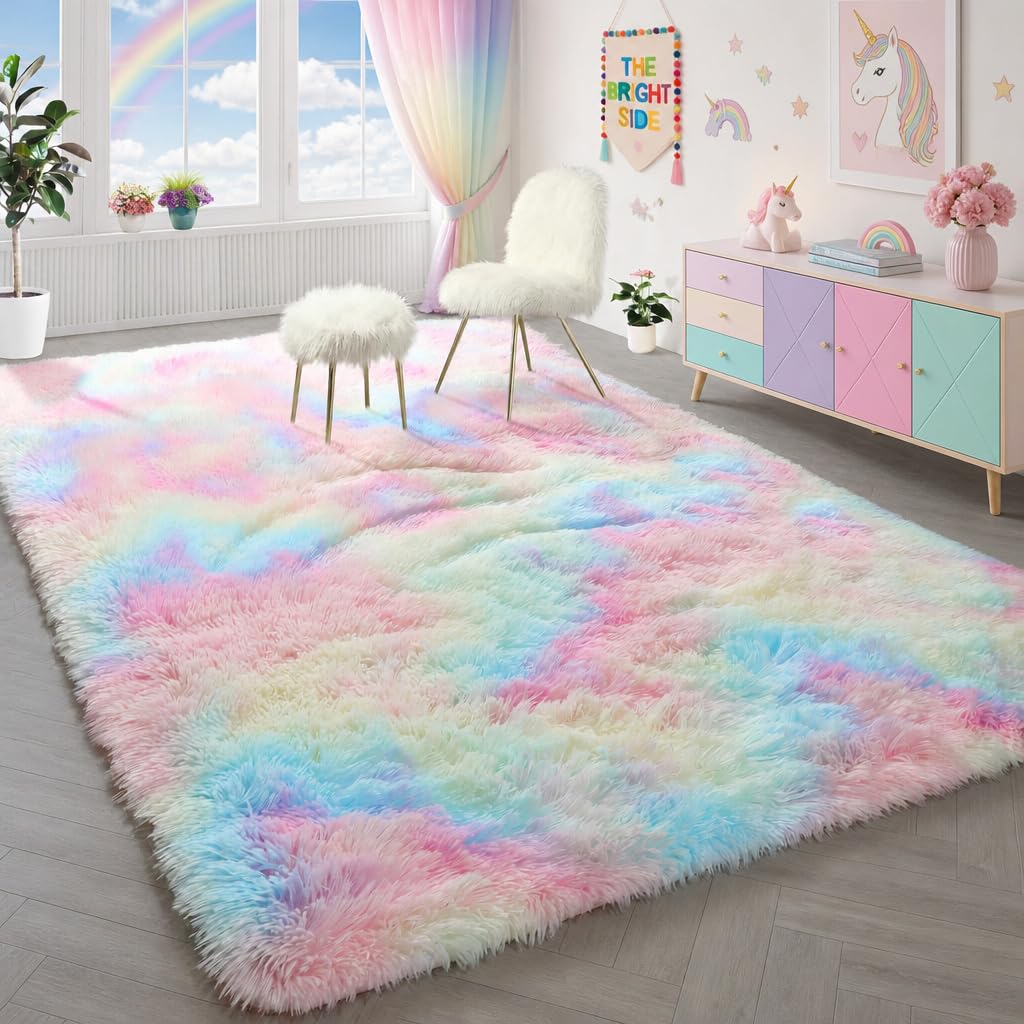 Rainbow Area Rugs for Girls Bedroom Fluffy Soft Vibrant Rugs Kids Playroom