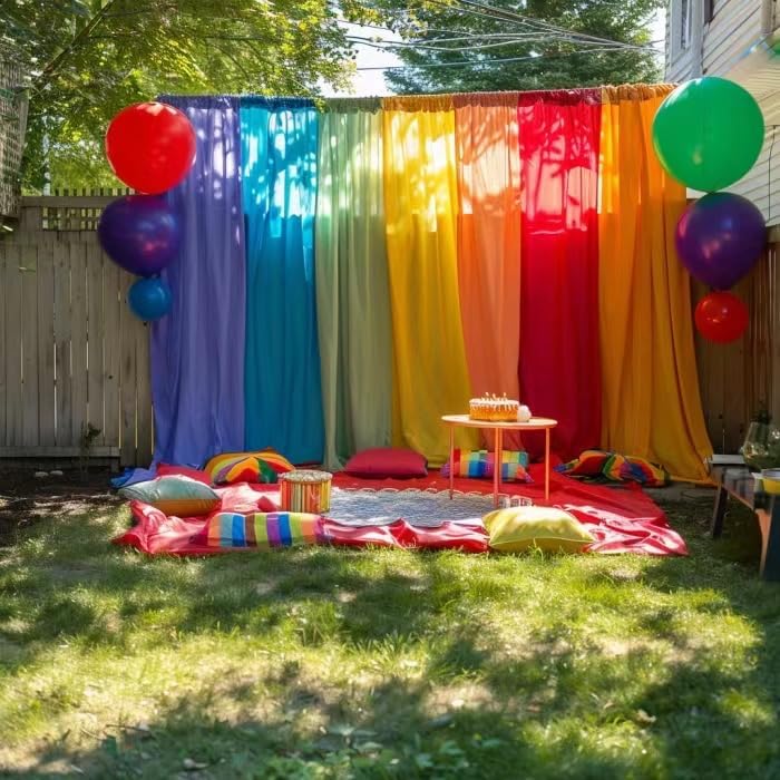 6 Piece Rainbow Sheer Window Panel Colorful Backdrop Bright Curtains Set for Playroom, Nurseries, Bedroom & more Lime, Orange, Red, Purple, Bright Yellow, Navy drapes- 84 inch Long Panels
