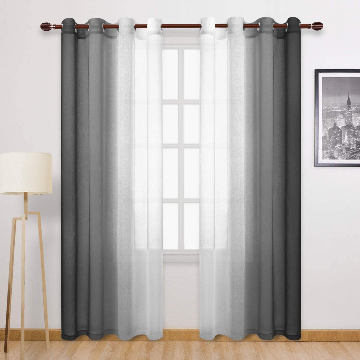 DWCN Blue Linen Ombre Sheer Curtains - Semi Voile Gradient Grommet Top Curtains for Bedroom and Living Room, Set of 2 Window Curtain Panels, 52 x 84 Inches Long, Denim Blue
