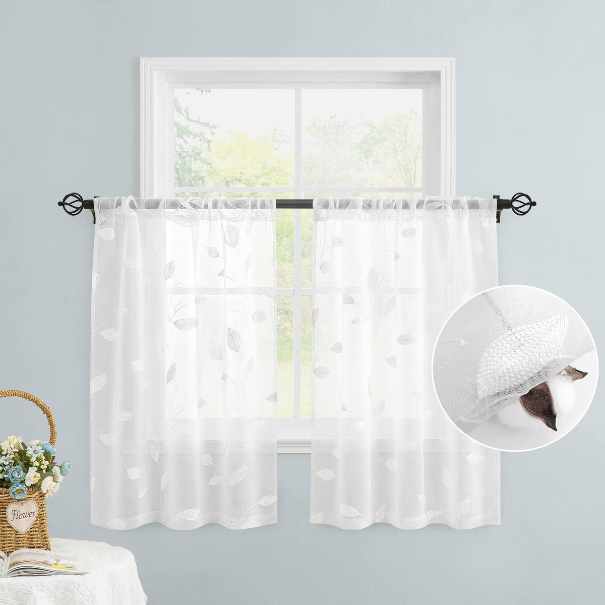 HOMEIDEAS Sage Green Sheer Curtains Leaf Embroidered, 52x84 Inch, 2 Panels