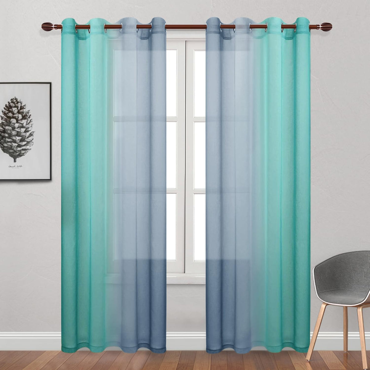 DWCN Blue Linen Ombre Sheer Curtains - Semi Voile Gradient Grommet Top Curtains for Bedroom and Living Room, Set of 2 Window Curtain Panels, 52 x 84 Inches Long, Denim Blue