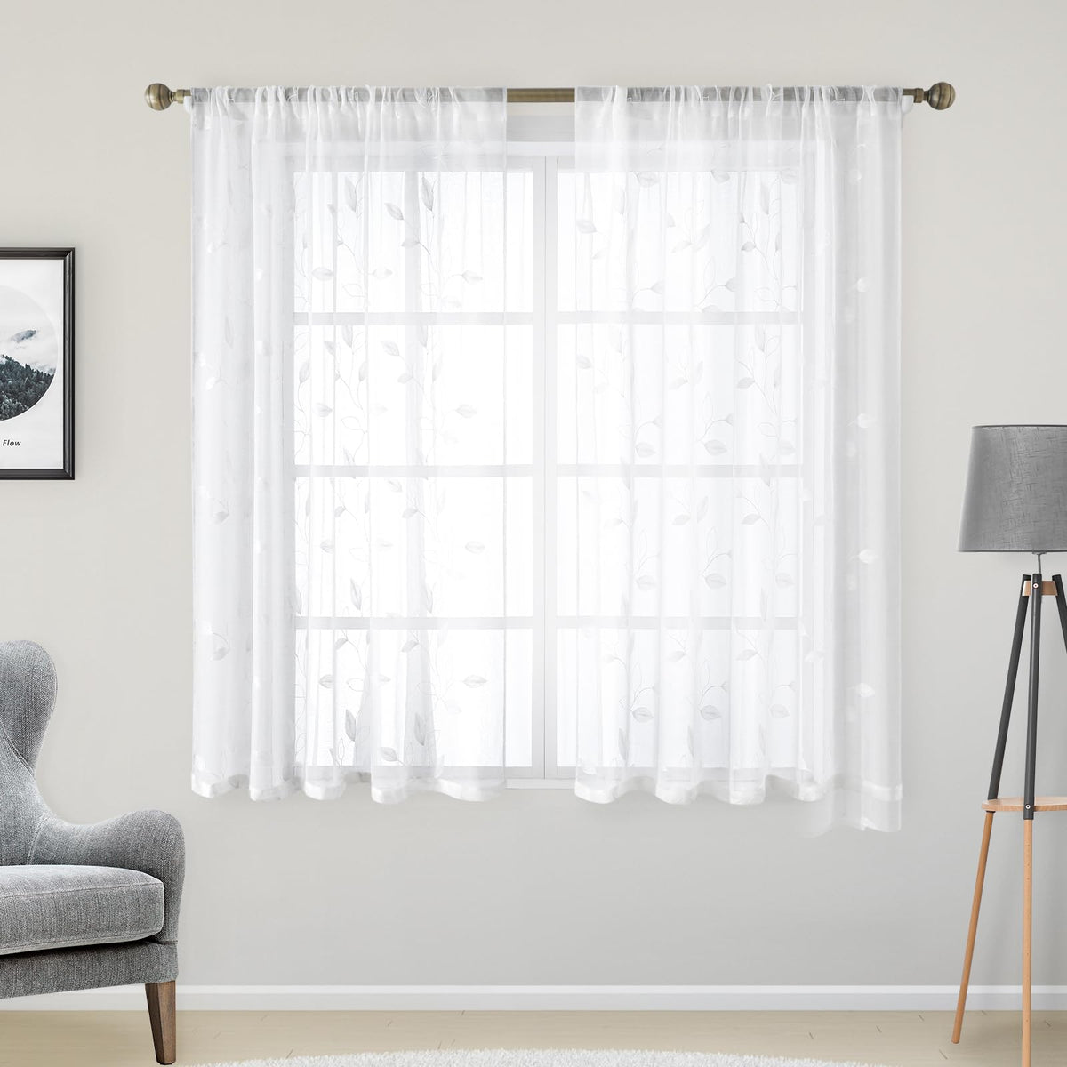 HOMEIDEAS Sage Green Sheer Curtains Leaf Embroidered, 52x84 Inch, 2 Panels
