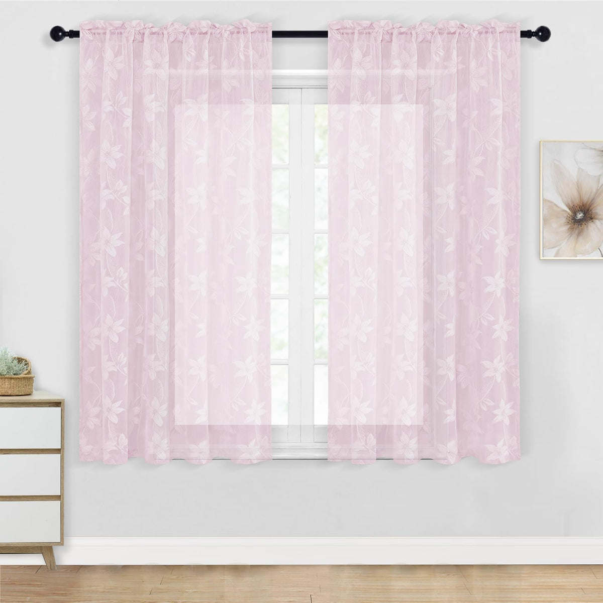 DWCN White Sheer Curtains - Short Curtains Floral Lace Design Rod Pocket Window Voile Sheer Drapes for Bedroom Kitchen Small Window 42 x 54 inch Length, 2 Panels White