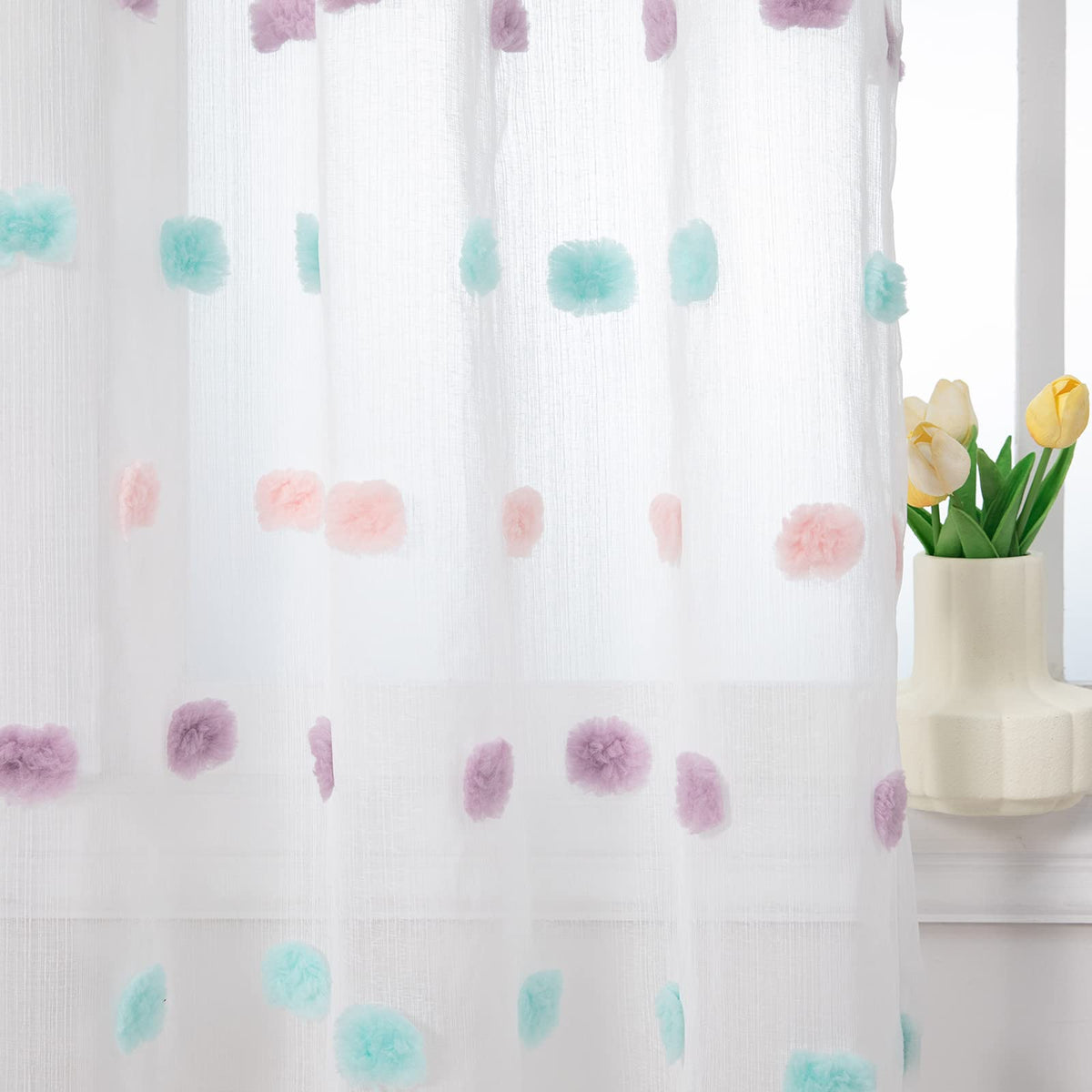 MYSKY HOME Beige Boho Sheer Curtains with Cream Pom Pom 50Wx84L,2 Panels