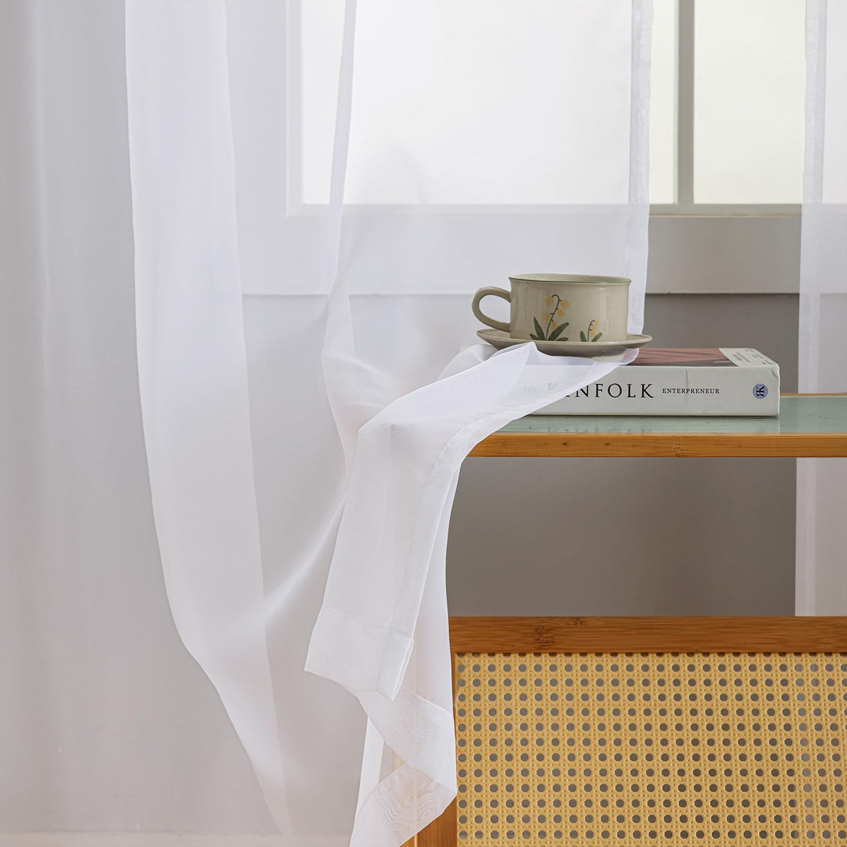 MYSTIC-HOME Sheer Curtains White 63 Inch Length, Rod Pocket Voile Drapes for Living Room, Bedroom, Window Treatments Semi Crinkle Curtain Panels for Yard, Patio, Villa, Parlor, Set of 2, 52"x 63"