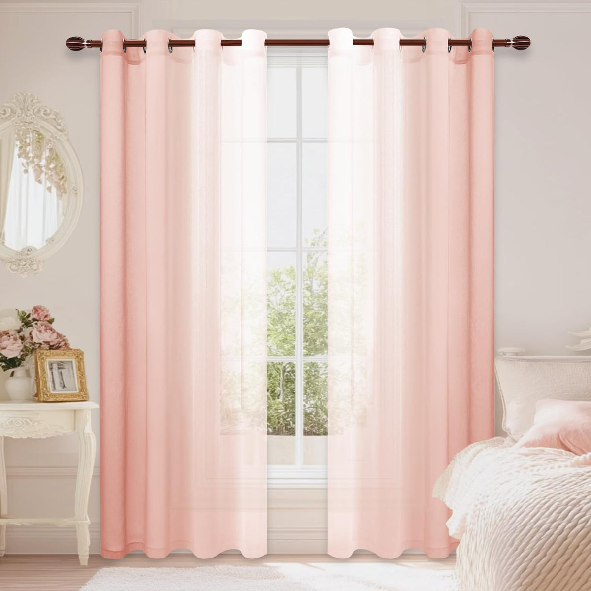 DWCN Blue Linen Ombre Sheer Curtains - Semi Voile Gradient Grommet Top Curtains for Bedroom and Living Room, Set of 2 Window Curtain Panels, 52 x 84 Inches Long, Denim Blue