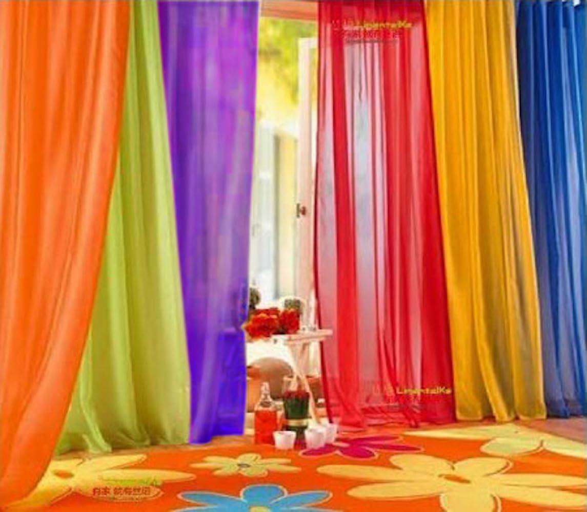 6 Piece Rainbow Sheer Window Panel Colorful Backdrop Bright Curtains Set for Playroom, Nurseries, Bedroom & more Lime, Orange, Red, Purple, Bright Yellow, Navy drapes- 84 inch Long Panels