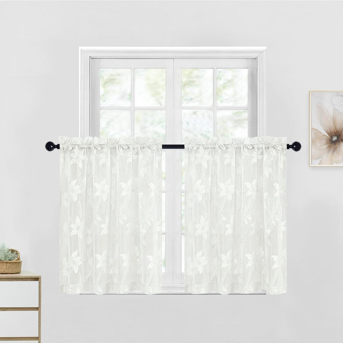 DWCN White Sheer Curtains - Short Curtains Floral Lace Design Rod Pocket Window Voile Sheer Drapes for Bedroom Kitchen Small Window 42 x 54 inch Length, 2 Panels White