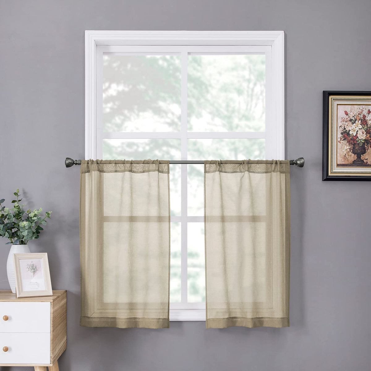 Tollpiz Sheer Curtains Linen Textured Bedroom Curtain Sheers Light Filtering Rod Pocket Voile Curtains for Living Room, 54 x 63 inches Long, White, Set of 2 Panels