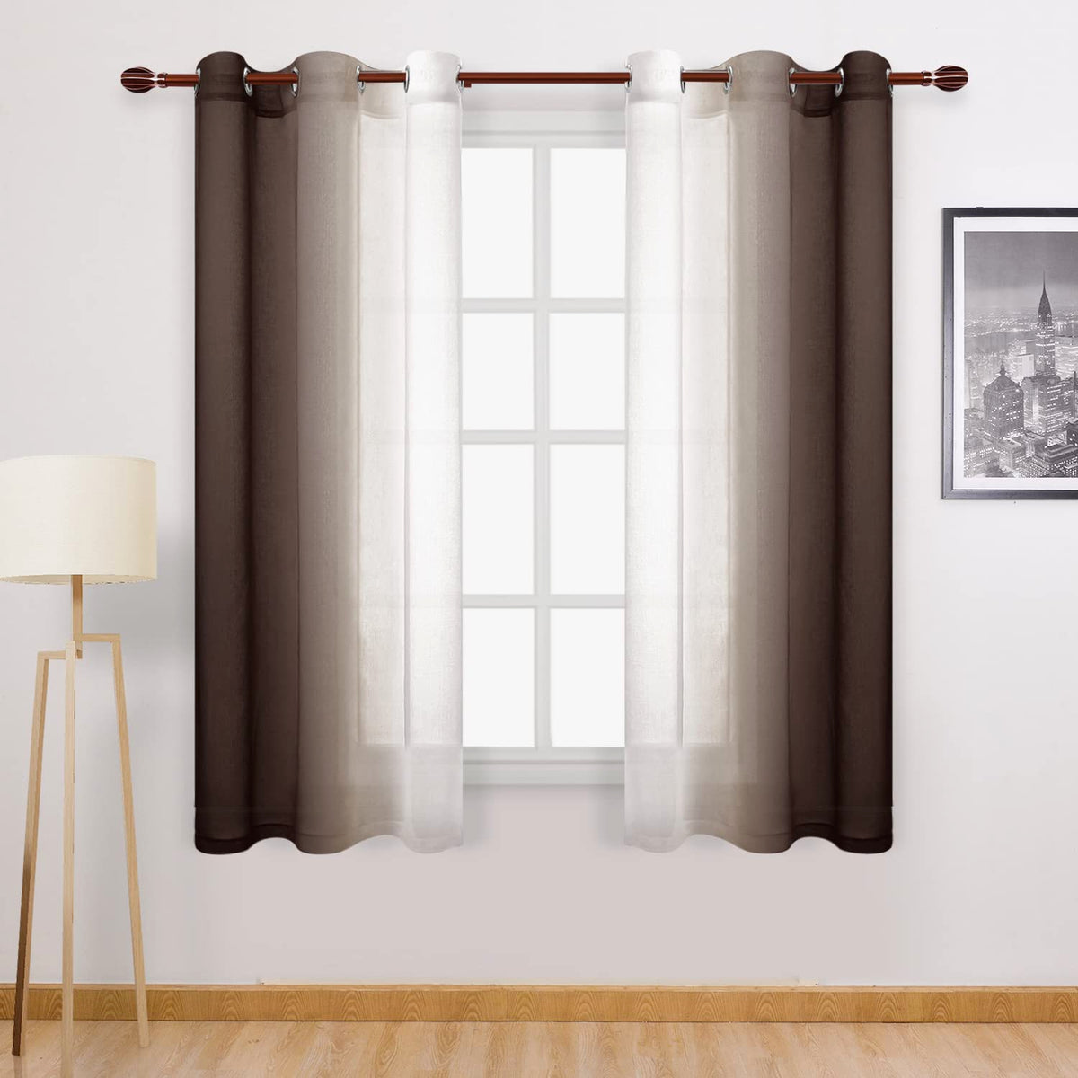 DWCN Blue Linen Ombre Sheer Curtains - Semi Voile Gradient Grommet Top Curtains for Bedroom and Living Room, Set of 2 Window Curtain Panels, 52 x 84 Inches Long, Denim Blue