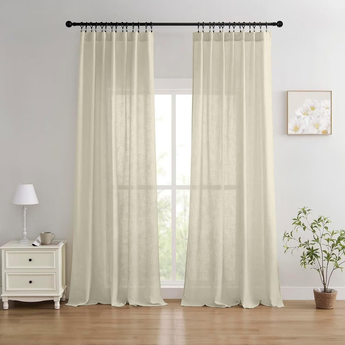Joydeco Linen Curtains for Living Room,Light Filtering Rod Pocket Back Tab Semi Sheer Drapes Window Long Curtains 90 inches Long Ivory