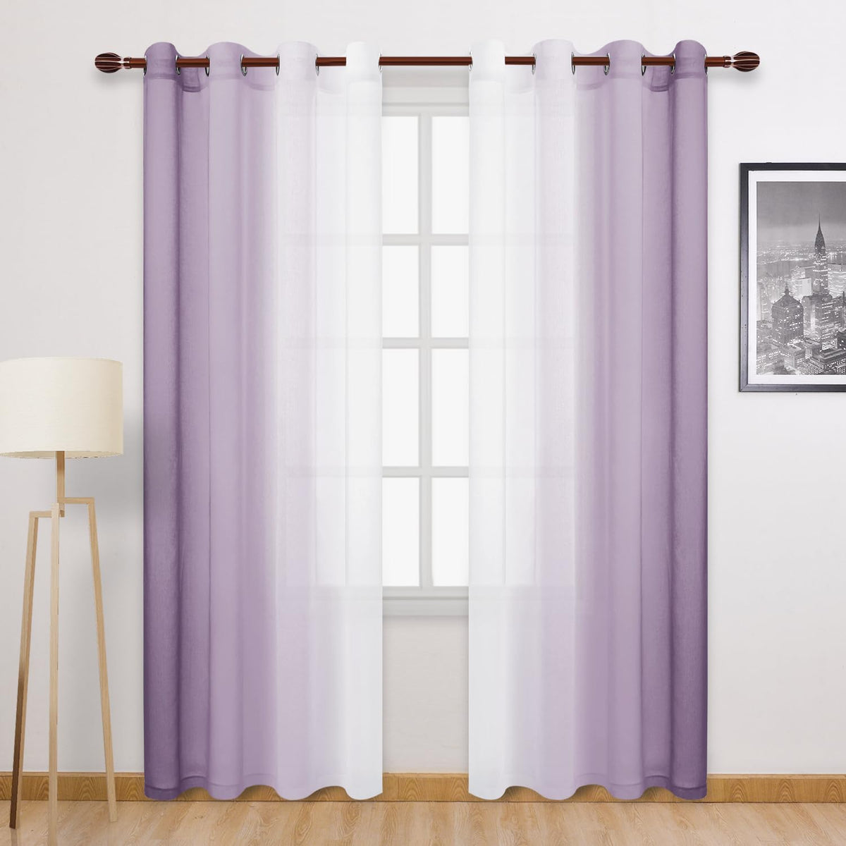 DWCN Blue Linen Ombre Sheer Curtains - Semi Voile Gradient Grommet Top Curtains for Bedroom and Living Room, Set of 2 Window Curtain Panels, 52 x 84 Inches Long, Denim Blue