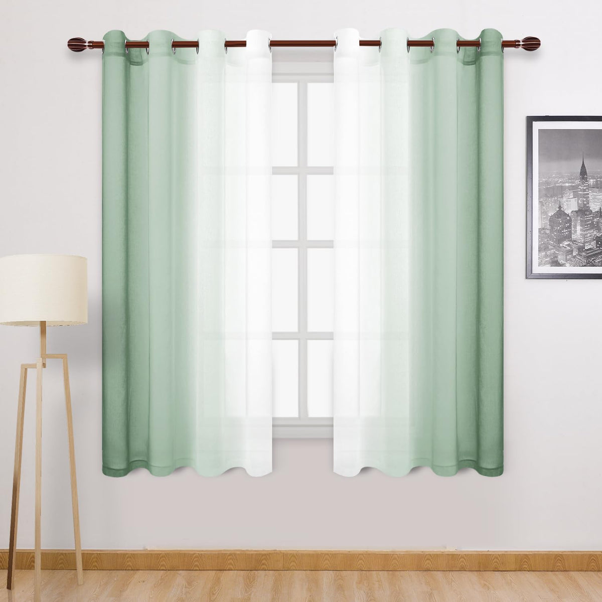 DWCN Blue Linen Ombre Sheer Curtains - Semi Voile Gradient Grommet Top Curtains for Bedroom and Living Room, Set of 2 Window Curtain Panels, 52 x 84 Inches Long, Denim Blue