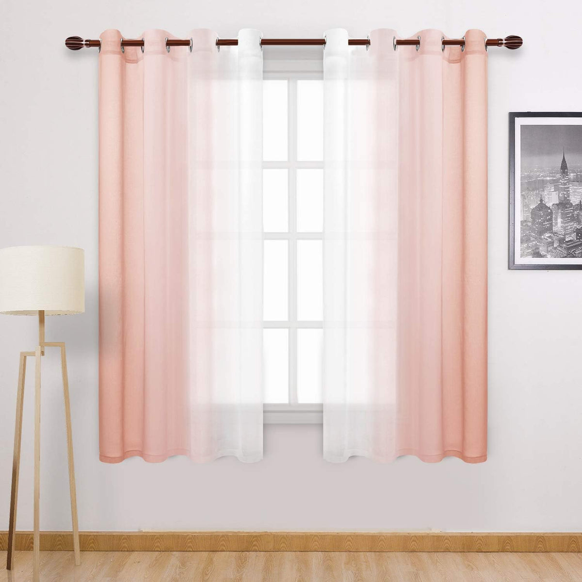 DWCN Blue Linen Ombre Sheer Curtains - Semi Voile Gradient Grommet Top Curtains for Bedroom and Living Room, Set of 2 Window Curtain Panels, 52 x 84 Inches Long, Denim Blue