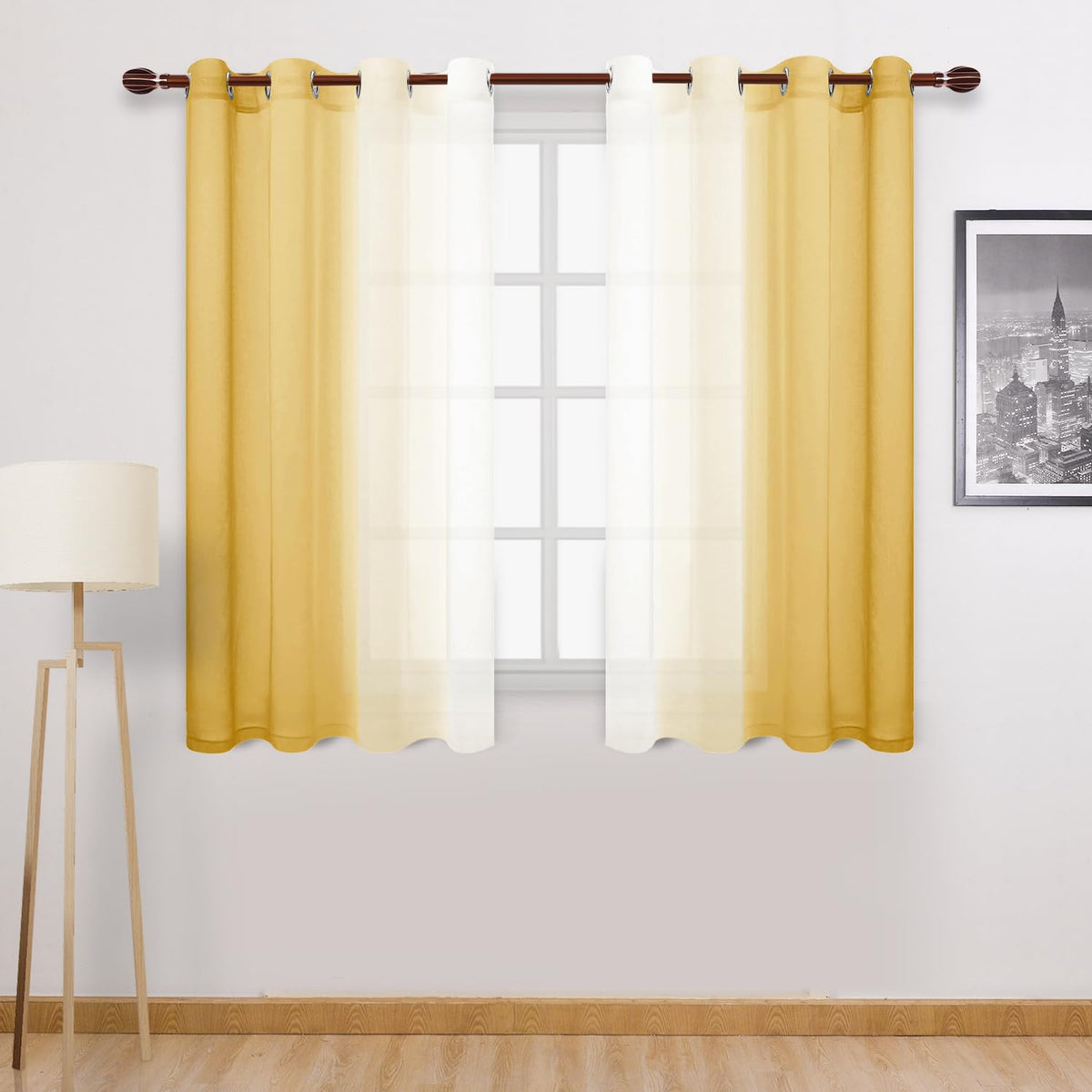 DWCN Blue Linen Ombre Sheer Curtains - Semi Voile Gradient Grommet Top Curtains for Bedroom and Living Room, Set of 2 Window Curtain Panels, 52 x 84 Inches Long, Denim Blue