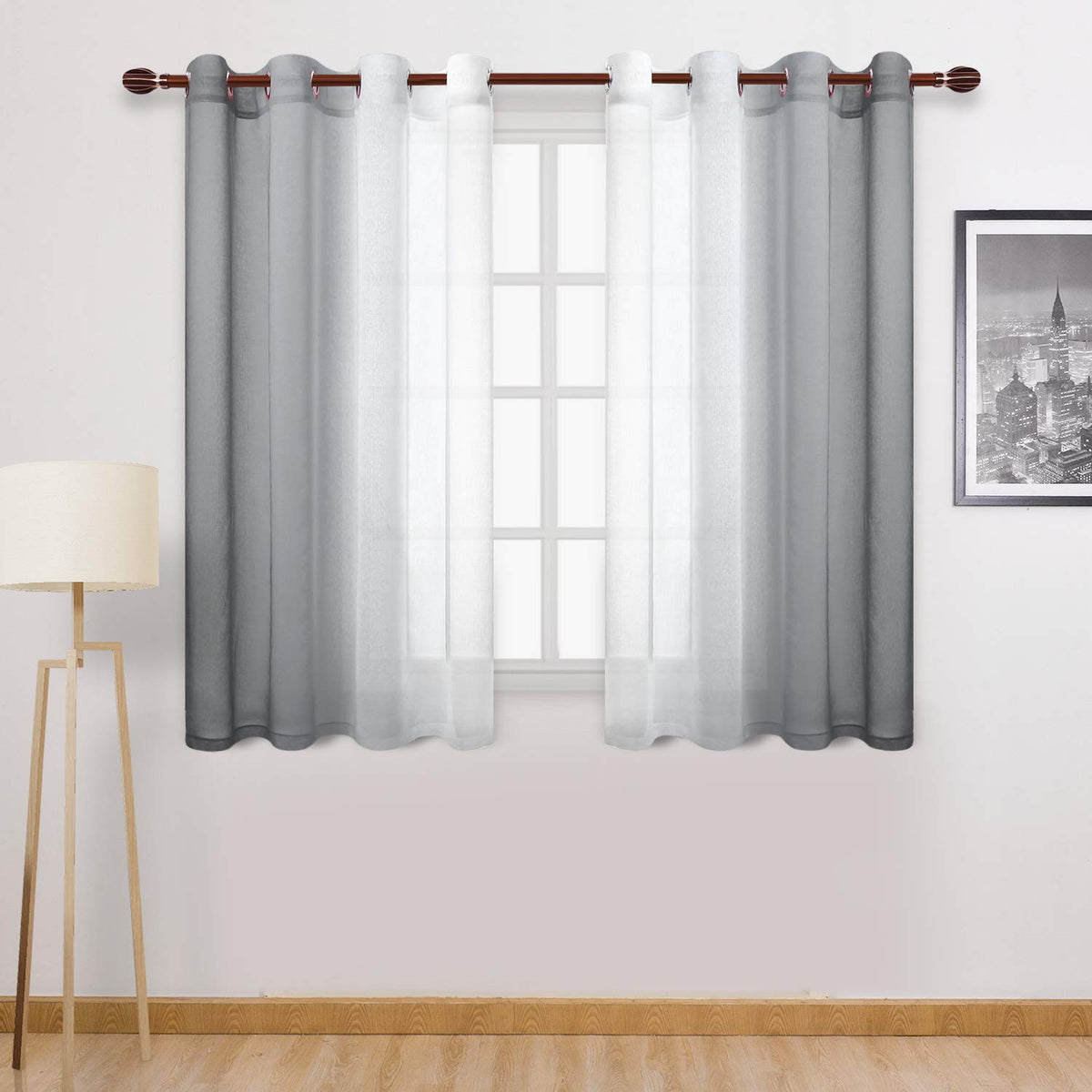 DWCN Blue Linen Ombre Sheer Curtains - Semi Voile Gradient Grommet Top Curtains for Bedroom and Living Room, Set of 2 Window Curtain Panels, 52 x 84 Inches Long, Denim Blue