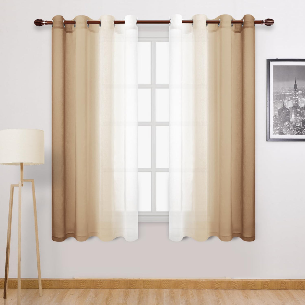DWCN Blue Linen Ombre Sheer Curtains - Semi Voile Gradient Grommet Top Curtains for Bedroom and Living Room, Set of 2 Window Curtain Panels, 52 x 84 Inches Long, Denim Blue