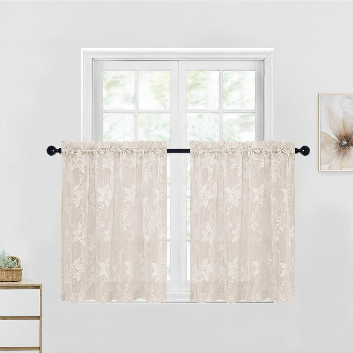 DWCN White Sheer Curtains - Short Curtains Floral Lace Design Rod Pocket Window Voile Sheer Drapes for Bedroom Kitchen Small Window 42 x 54 inch Length, 2 Panels White