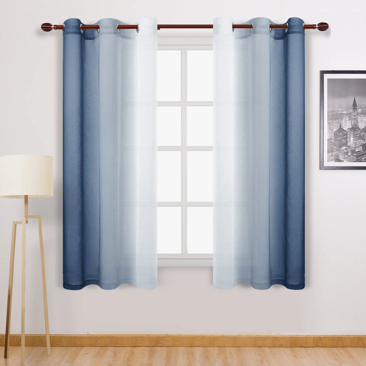 DWCN Blue Linen Ombre Sheer Curtains - Semi Voile Gradient Grommet Top Curtains for Bedroom and Living Room, Set of 2 Window Curtain Panels, 52 x 84 Inches Long, Denim Blue