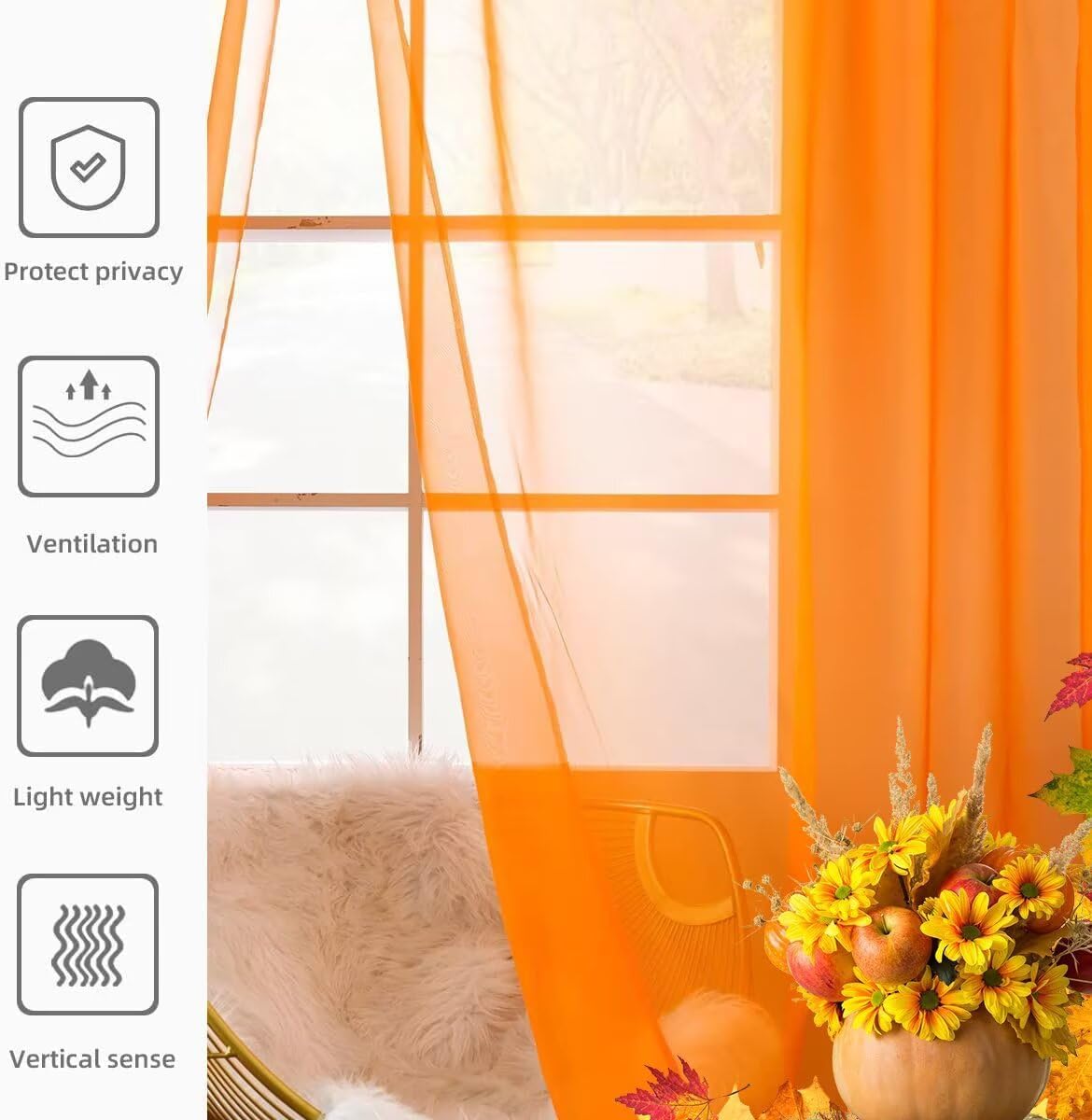 youleyar Solid Sheer Rod Pocket Curtain Voile Draperies 2 Panels White Beige Black Grey Coffee 52 Inch Width 84 Inch Long 1 Pair for Kitchen Bedroom Children Living Room Yard (Orange,52Wｘ84L)