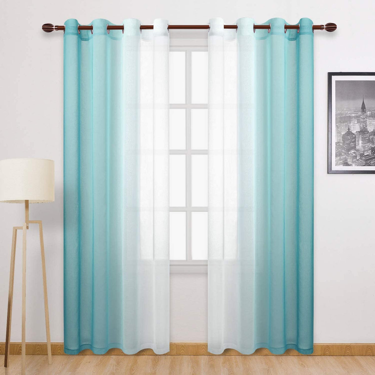 DWCN Blue Linen Ombre Sheer Curtains - Semi Voile Gradient Grommet Top Curtains for Bedroom and Living Room, Set of 2 Window Curtain Panels, 52 x 84 Inches Long, Denim Blue