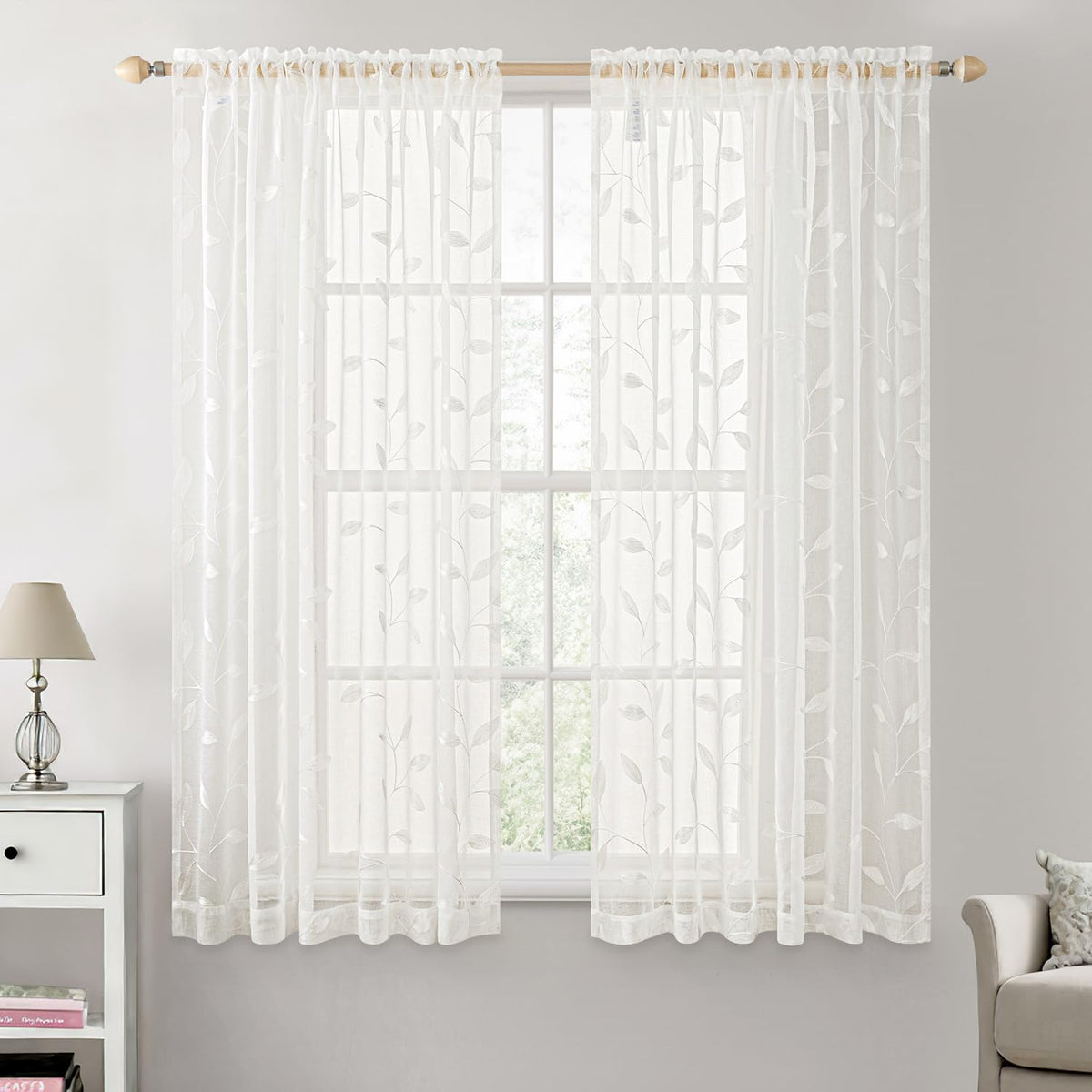 MIULEE Beige Sheer Curtains 2 Panels Embroidered Leaf Patterned, W52 x L84
