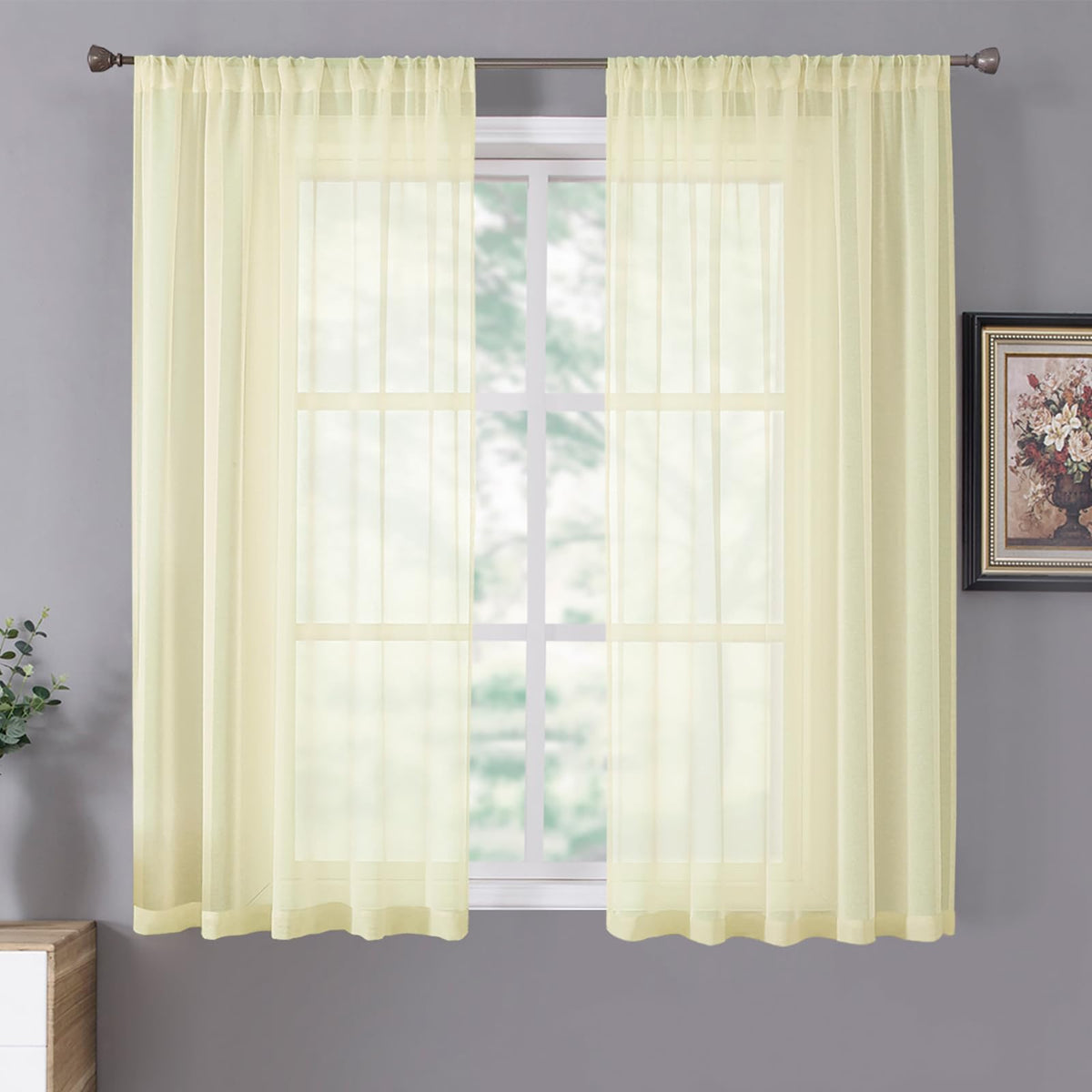 Tollpiz Sheer Curtains Linen Textured Bedroom Curtain Sheers Light Filtering Rod Pocket Voile Curtains for Living Room, 54 x 63 inches Long, White, Set of 2 Panels