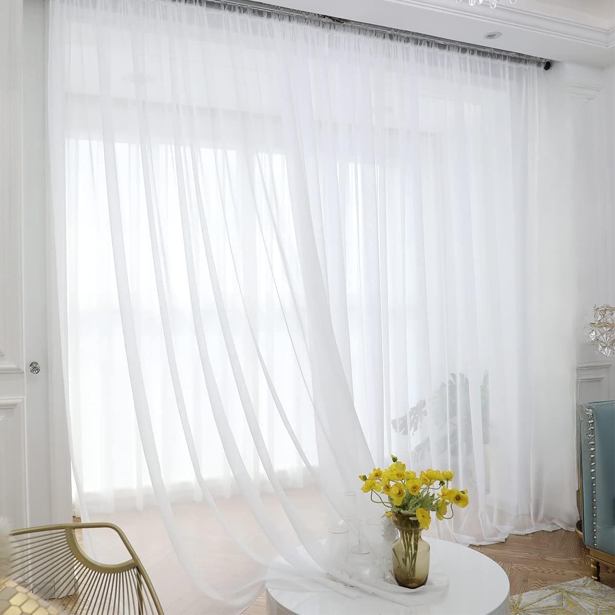 ABCHOME White Sheer Curtains 84 Inches Long 2 Panels,Rod Pocket Voile Semi Sheer Window Curtains for Kitchen, Bedroom and Living Room(White, 52 W x 84 L)