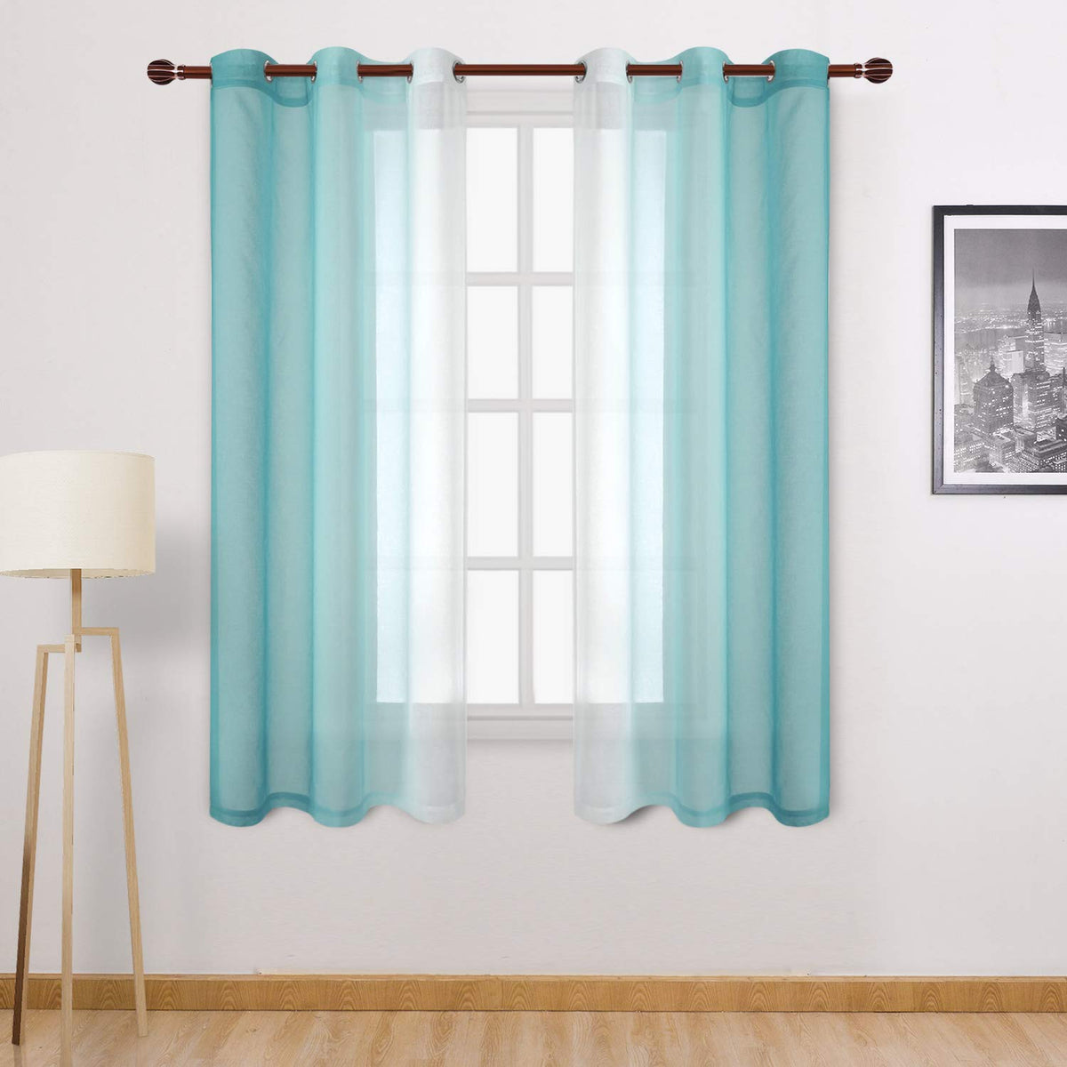 DWCN Blue Linen Ombre Sheer Curtains - Semi Voile Gradient Grommet Top Curtains for Bedroom and Living Room, Set of 2 Window Curtain Panels, 52 x 84 Inches Long, Denim Blue