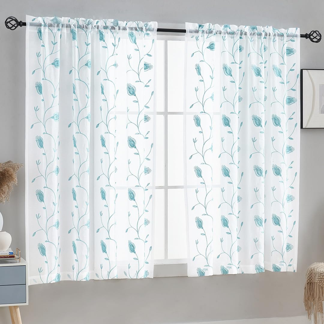 MYSTIC-HOME Sheer Curtains White 63 Inch Length, Rod Pocket Voile Drapes for Living Room, Bedroom, Window Treatments Semi Crinkle Curtain Panels for Yard, Patio, Villa, Parlor, Set of 2, 52"x 63"