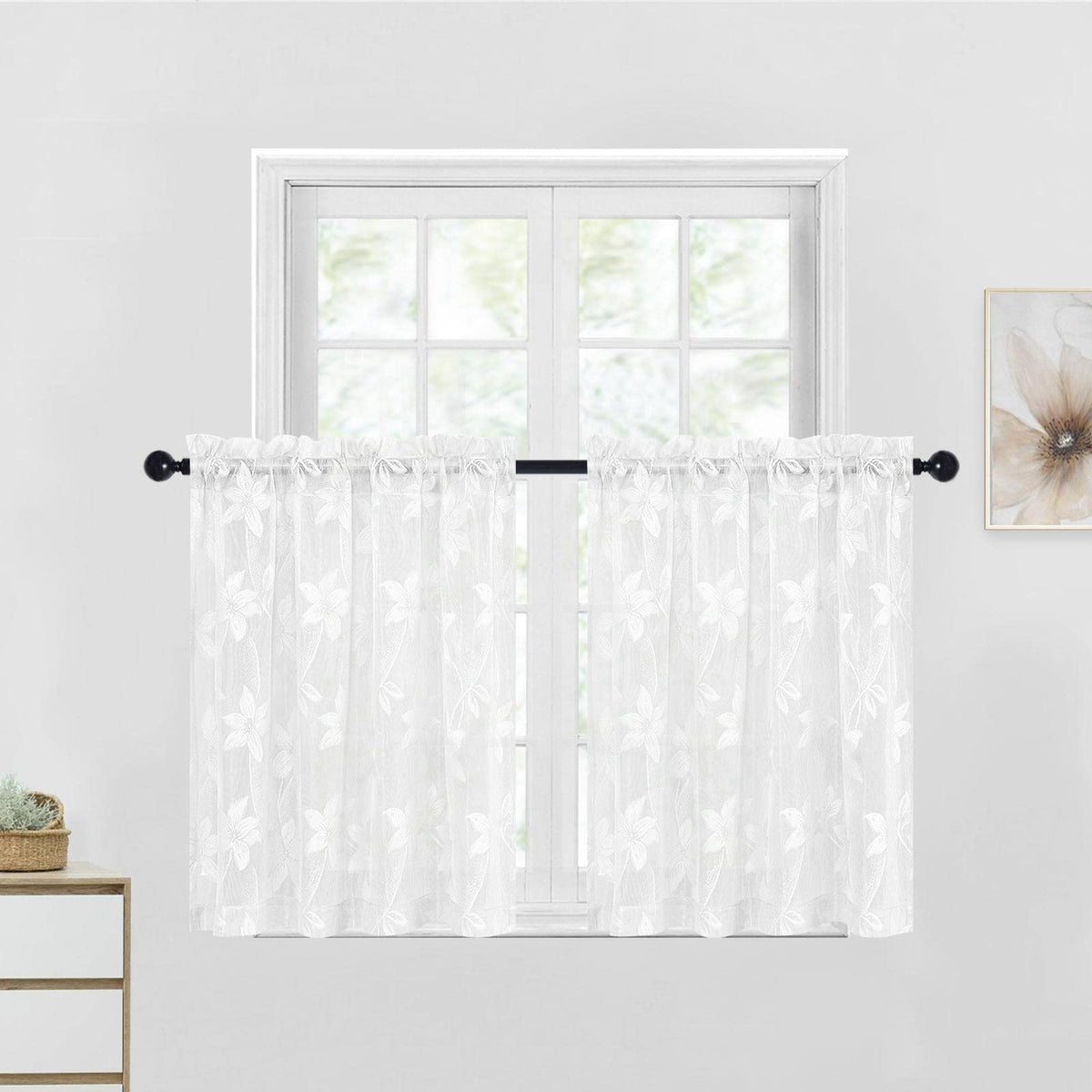 DWCN White Sheer Curtains - Short Curtains Floral Lace Design Rod Pocket Window Voile Sheer Drapes for Bedroom Kitchen Small Window 42 x 54 inch Length, 2 Panels White